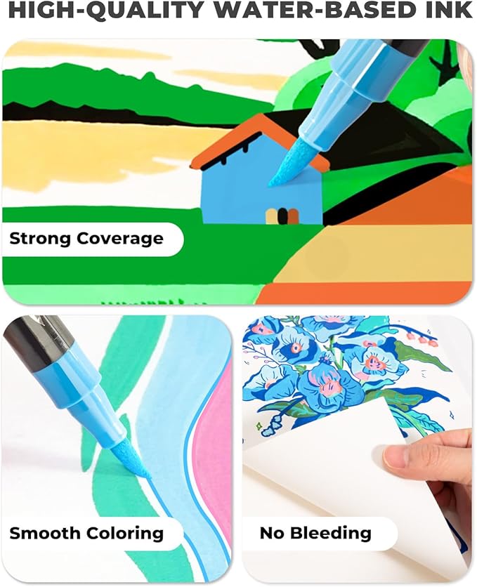 JusArt 36 Colors Acrylic Paint Markers Set with Canvas Bag, Dual Tips with Brush Tip & Fine Tip, No-Bleed, Waterproof, Non-Toxic & Odorless Paint Pens for Rock, Egg, Wood, Canvas, Glass, Ceramic, DIY