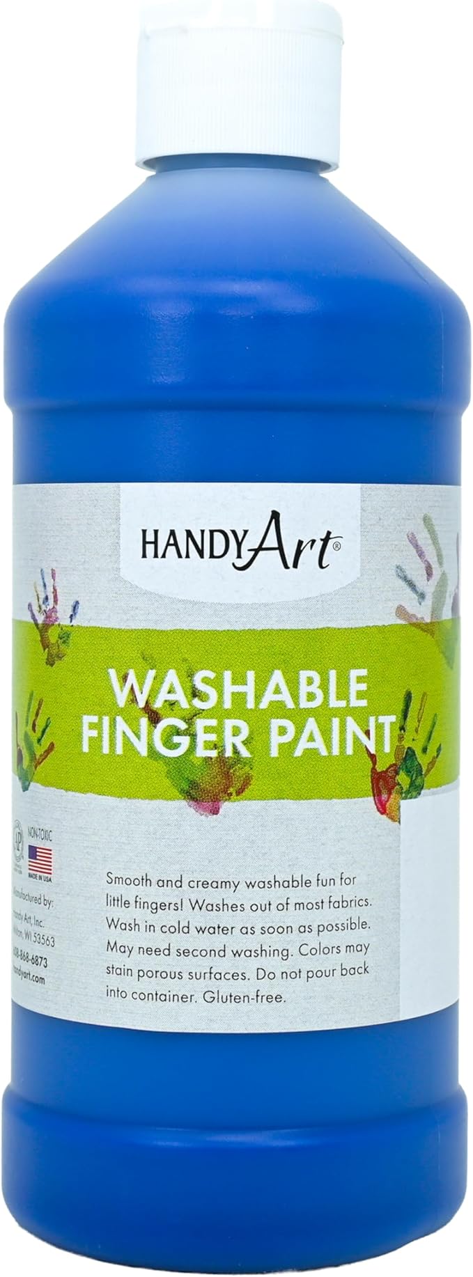 Handy Art Washable Finger Paint, Blue, 16 oz Bottle, Easy Clean Up, Sensory Paints for Fingers & Hand Prints, Ages 3 & Up, Safe for Kids & Toddlers, AP Certified Non-Toxic, Made in USA