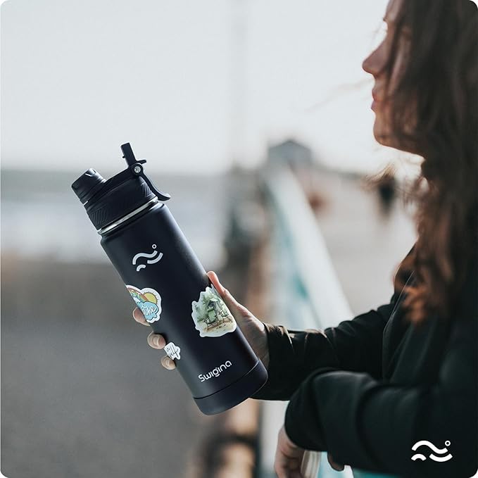 Swigina Insulated Water Bottle with Silicone Boot (36hrs Cold/18hrs Hot) - DIY Stickers, Leakproof, BPA Free, Black, 24 oz [2-IN-1 LID]