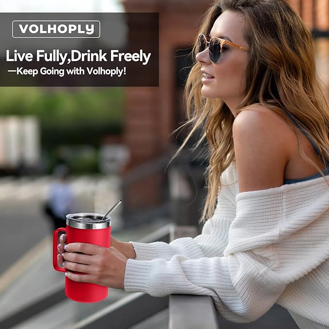 Volhoply 22oz Insulated Stainless Steel Coffee Mug with Leakproof Lid,Double Wall Vacuum Travel Coffee Cup with Handle,Reusable Metal Tumbler,Camping Mugs Keep Hot&Cold(Red,1)