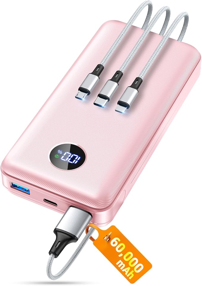 Portable Charger Power Bank, 60000mAh Battery Pack with 3 in 1 USB-C/iOS/Micro-USB Cable, 22.5W Fast Charging Portable Phone Charger, Travel Camping Essential Powerbank for iPhone 17/16 Samsung,Pink