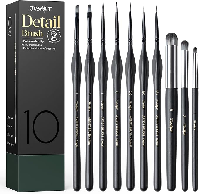 JusArt 10-Piece Detail Paint Brush Set, Miniature Paint Brushes for Models, Acrylic Oil Watercolor, Professional Fine Detail Brushes for Adults & Miniature Painters