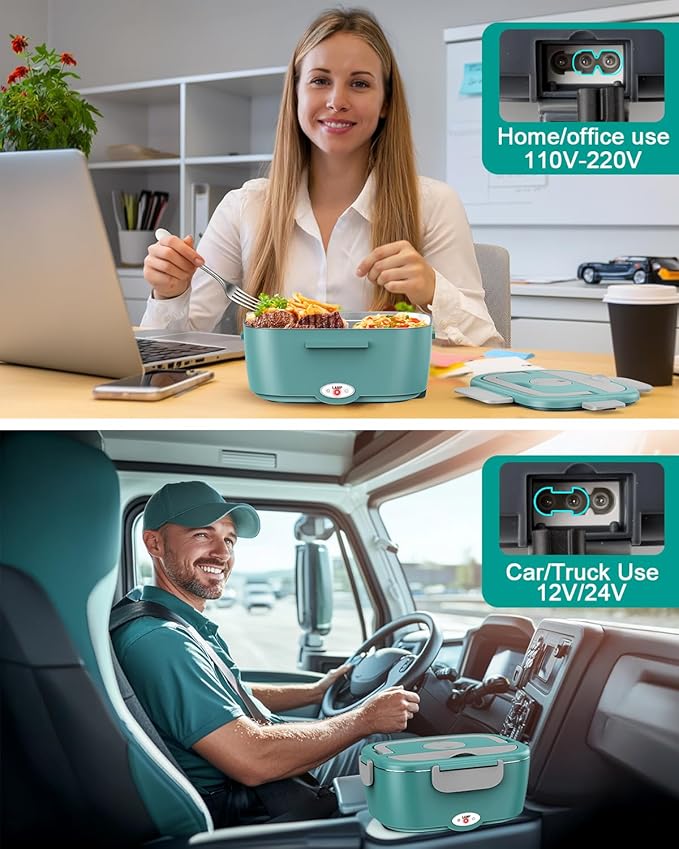 Geveniss Electric Lunch Box for Adults, Heated Lunch Box for Car and Truck, Portable Food Warmer for Office Work, 80W Fast Heating, Dual Removable 1.5L Stainless Steel Containers