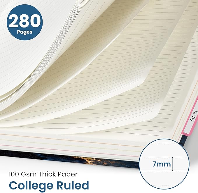 Large Lined Spiral Journal for Women Cute Hardcover 5 Subject Notebook for Work 8.5" x 11" with Removable Dividers & Tabs, College Ruled, 280 Pages Aesthetic Journal for Work, School & Note Taking, Golden Tide