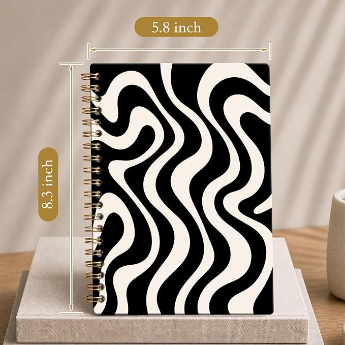 ATJFKIXL Cute Spiral Journal Notebook, A5 120 Page College Ruled Wirebound Notebook, Soft Cover for Students Office Notes and Planning - Black White Wave
