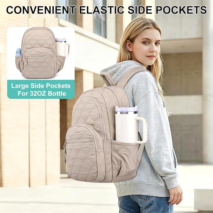 Travel Laptop Backpack for Women - 15.6 Inch College Backpacks Quilted Computer Bookbag Lightweight Casual Daypack Water-Resistant Backpacks for Students Teacher Work Camel
