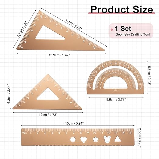 PATIKIL 4 Pcs Geometry Drafting Tool, Aluminum Alloy Geometry Kit Math Tool Includes 15cm L Ruler Protractor Triangles for Drafting Angle Measure Simple Science Experiment, Gold