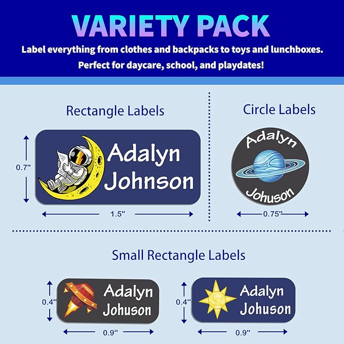 Custom Personalized Name Labels for Kids-(200-1000Labels) Waterproof Name Stickers Tags for School&Daycare,Clothing Tags,Washable&Durable Labels for Lunch Boxes, Bottles,Toys&GEA (Space)