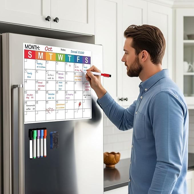 Dry Erase Magnetic Calendar for Refrigerator - Monthly Planner Magnet Whiteboard for Fridge Wall Door - Shopping, Meal/Menu, to Do List, Family Schedule Planning Board with 6 Markers - Colorful