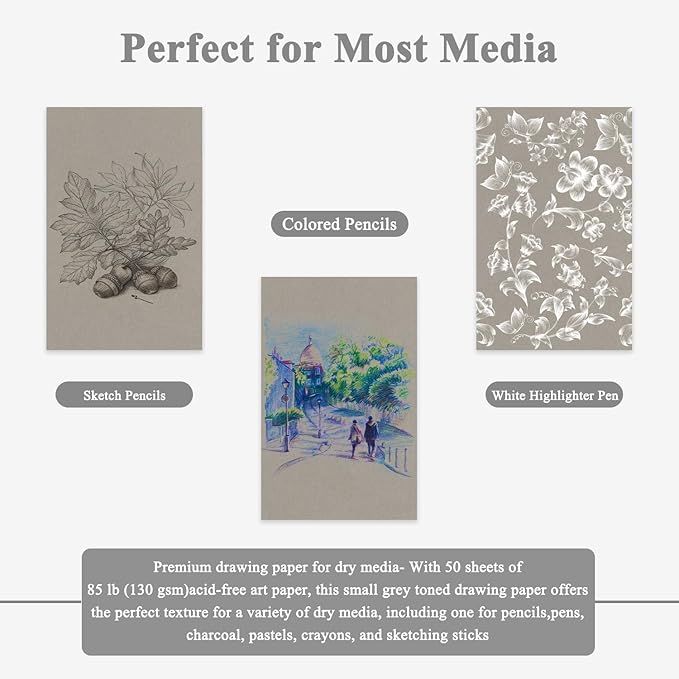 Fuxi Toned Gray Sketchbook, 2-Pack - 5.5" x 8.5", | 85lb/130gsm Charcoal Drawing Paper, 50 Sheets Per Pad.