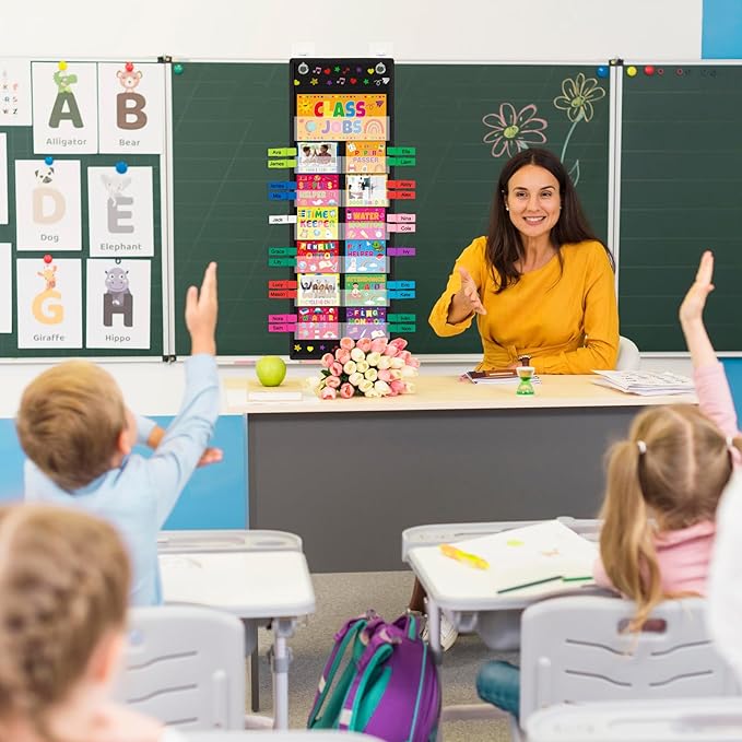 Class Jobs Pocket Chart for Classroom Decorations, 48 Colored Clips & 57 Behavior Cards, Teacher Must-Have Helper for Back to School Birthday Party Decor
