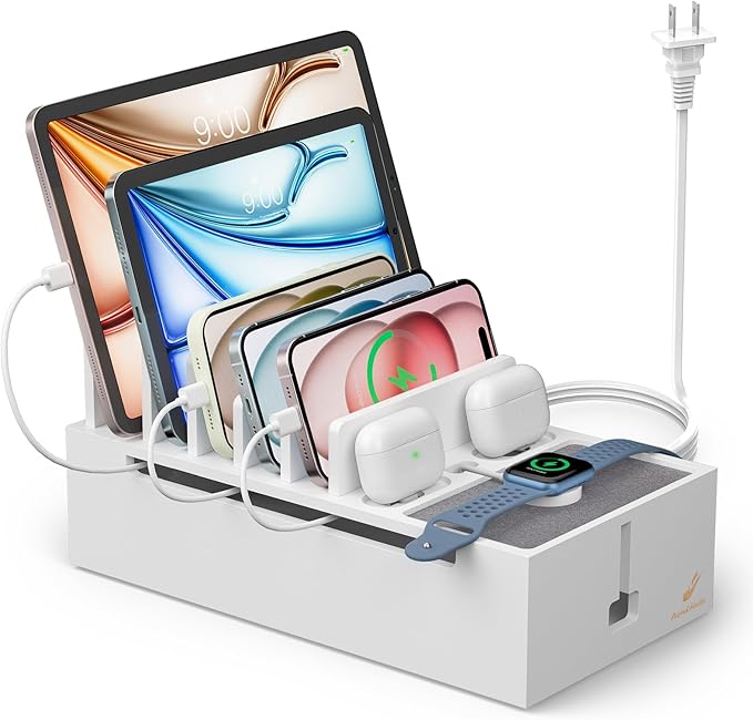 Pezin & Hulin Bamboo Charging Dock Station for Electronic Devices, Docking Organizer for Phone and Tablets, Smart Watch, Earbuds, Power Strip Box (Included 5-Port USB Charger and 6 Cables) -White