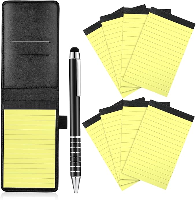Outus 10 Pcs Mini Pocket Notepad Holder Set Included Small Leather Pocket Notebook Holder with 50 Lined Sheets, Metal Pen, 8 Pcs 3 x 5 Inch Memo Book Refills, 30 Lined Paper Per Note Pad(Black,Yellow)