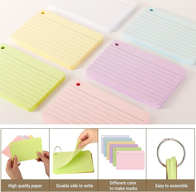 zmybcpack 6 Pack Lined Index Cards 4 x 6 Inches, 360 PCS Colored Ruled Index Flashcards Lined Flash Cards with Rings, Note Cards Punched for Study, Office and Home