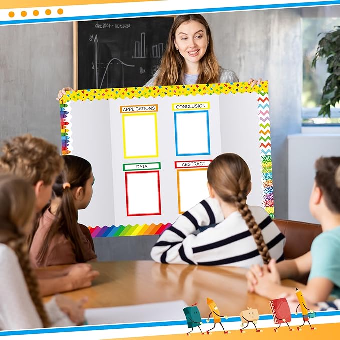 Fuyoooo 90 Pcs Science Fair Board Supplies 60 Trim Scalloped Bulletin Board Borders 24 Presentation Board Subtitles 6 Science Fair Titles for Classroom Display Boards (Rainbow)