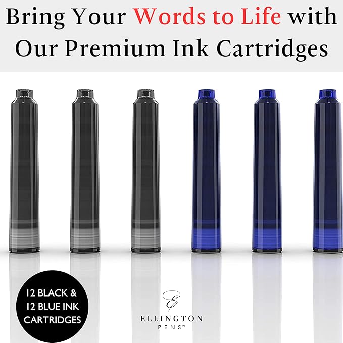 Ellington Pens 24 Vibrant Fountain Pen Ink Refills - 24 Pack International Standard Size Cartridges - Ink for Fountain Pens - Premium Quality & Non-Toxic, Long-Lasting & Waterproof, Dries Quickly