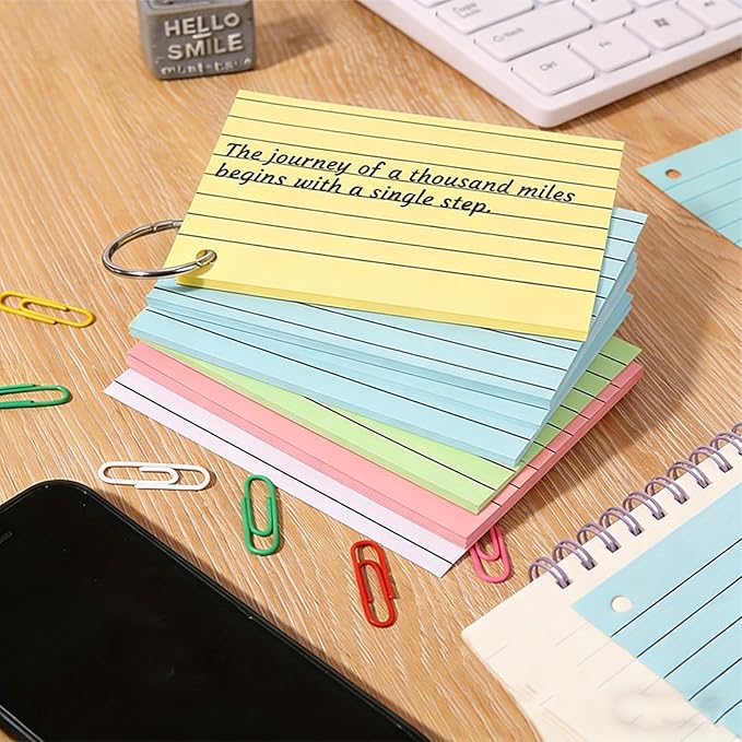 200 Count Colored Index Cards, 3x5 Inch with Key Ring, Portable Note Taking Study Note Cards for Office Home