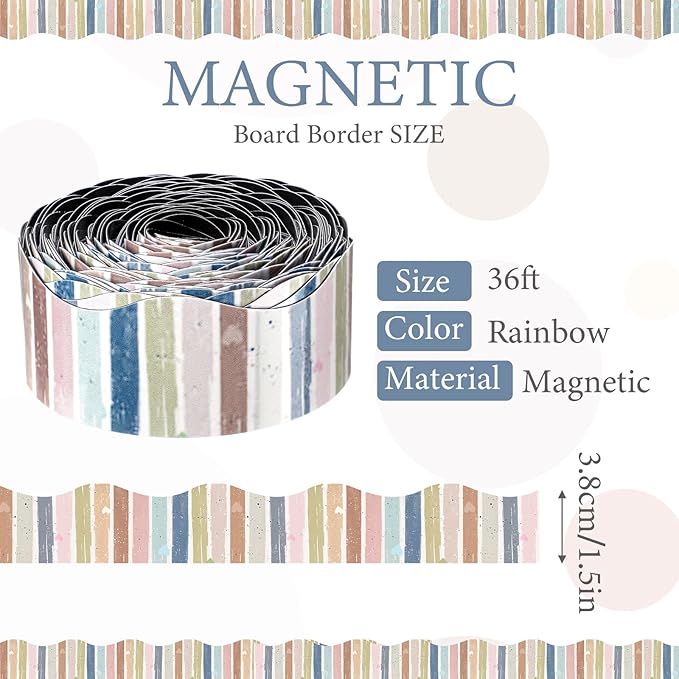 Tellegloww 36 ft Scalloped Magnetic Border Magnetic Border for Whiteboard Bulletin Board Borders Reusable Rolled Borders Trim for Office Chalkboard(Boho Stripes)