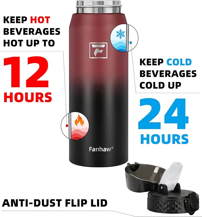 Fanhaw 24 Oz Kids Insulated Stainless Steel Water Bottle with Straw Lid, Leakproof & Anti-Dust Everyday Use Bottle for School, Women & Men, Back to School Essentials (Red Black)
