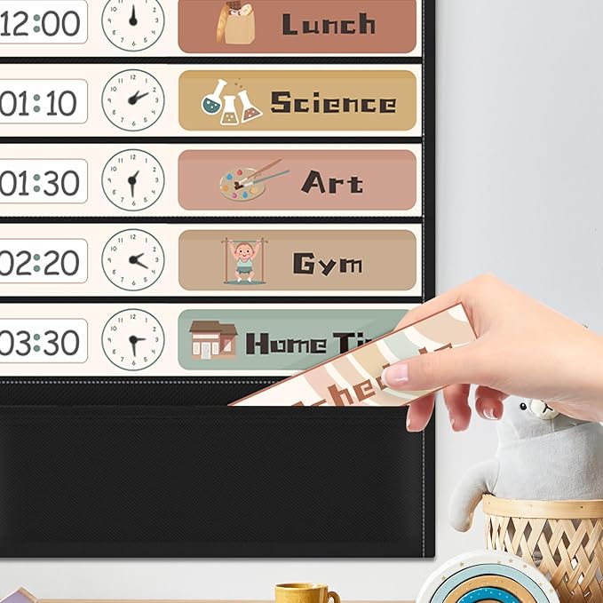 Daily Schedule Pocket Chart for Kids Management, 13+1 Pockets with 30 Cards Black Visual Time Reusable Dry-Eraser Schedule, Teacher Supplies for Boho Classroom Homeschool Decor