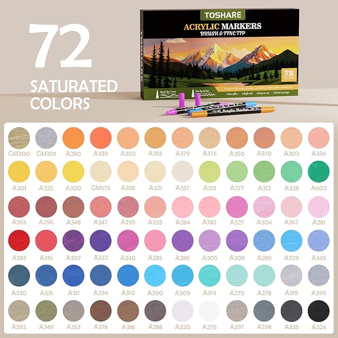 TOSHARE 72 Colors Acrylic Paint Markers, Brush & Fine Dual Tip Acrylic Paint Pens for Rock, Wood, Paper, Fabric, Canvas, Glass, Ceramic, Egg, Scrapbook and DIY Crafts Supplies Art Gifts