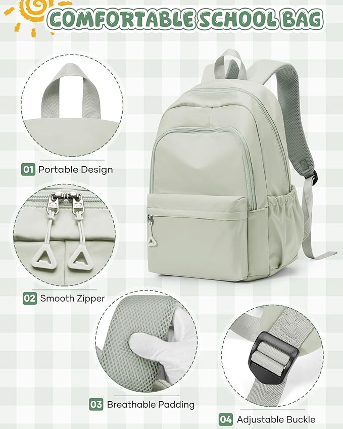 winspansy Backpack for School Teenage Girls Boys,Waterproof Lightweight School Bags Travel Daypack Simple Cute College Backpack Rucksack for Women Men fit 14 Inch Laptop,Light Green