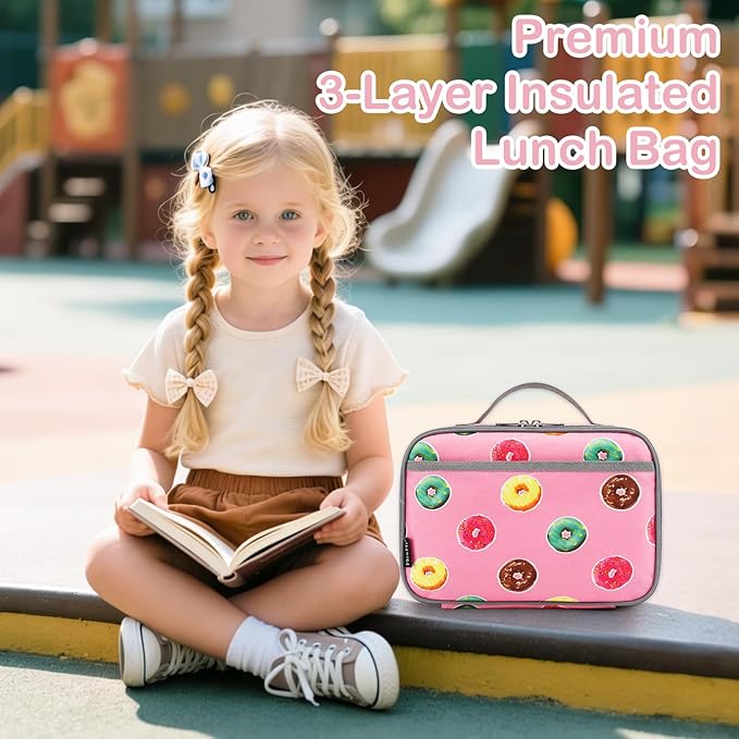 FlowFly Kids Lunch box Insulated Soft Bag Mini Cooler Back to School Thermal Meal Tote Kit for Girls, Boys, Doughnut
