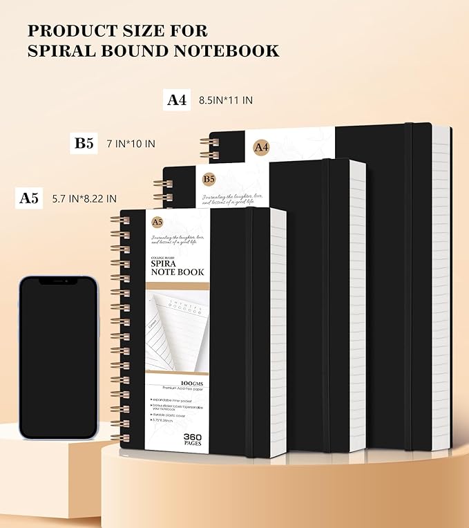 MUAHLIUB Spiral Notebook Journal College Ruled, 360 Pages Lined Thick Journals for Women Men, B5 Big Notebooks with 100GSM Paper, Spiral Bound Journaling for Writing Work School Black 7.6"×10"
