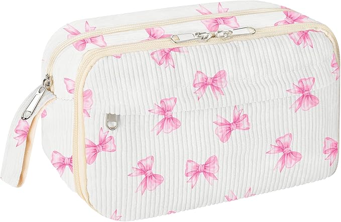 WOBAGMEN Cute Pencil Case,Large Corduroy Zippered Pencil Case Pouch, aesthetic Pencil Bag with Compartments, Pencil Pouch School Supplies (Pink Big Bow)