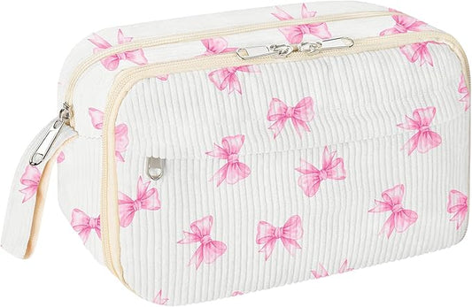 WOBAGMEN Cute Pencil Case,Large Corduroy Zippered Pencil Case Pouch, aesthetic Pencil Bag with Compartments, Pencil Pouch School Supplies (Pink Big Bow)