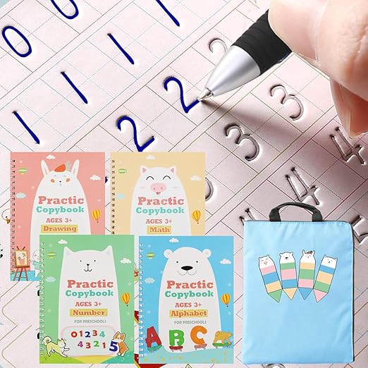 Upgraded Large Size Magic Practice Writing Copybook for Kids, Reusable Copybook Preschool - 4 Books with Pens - Blue Bag