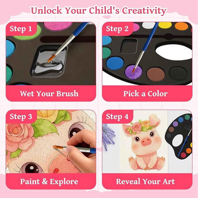 Elfew Paint with Water Coloring Books for Kids 3-8, No Bleed Watercolor Painting Book for Toddlers, 12 Colors Paint Set, 15 Animal Designs, 200GSM Thick Paper, Travel Art Kit for Kids 4-6