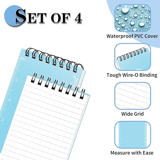 COIDEA Waterproof Notebook, 4 Pack Top-Spiral Pocket Notepad, 3" x 5" Weatherproof NotePad, All Weather Police Pocket Notebook Little Memo Steno Note Pads for Outdoor Office School Recording, Blue