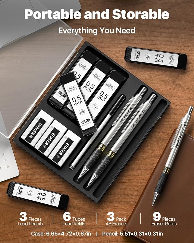 3PCS Metal Mechanical Pencil Set with 0.5 mm Fine Point, 360 Leads, 12 Erasers, Art Mechanical Pencils Pack with Storage Case for School Writing, Sketching, Drawing & Professional Drafting