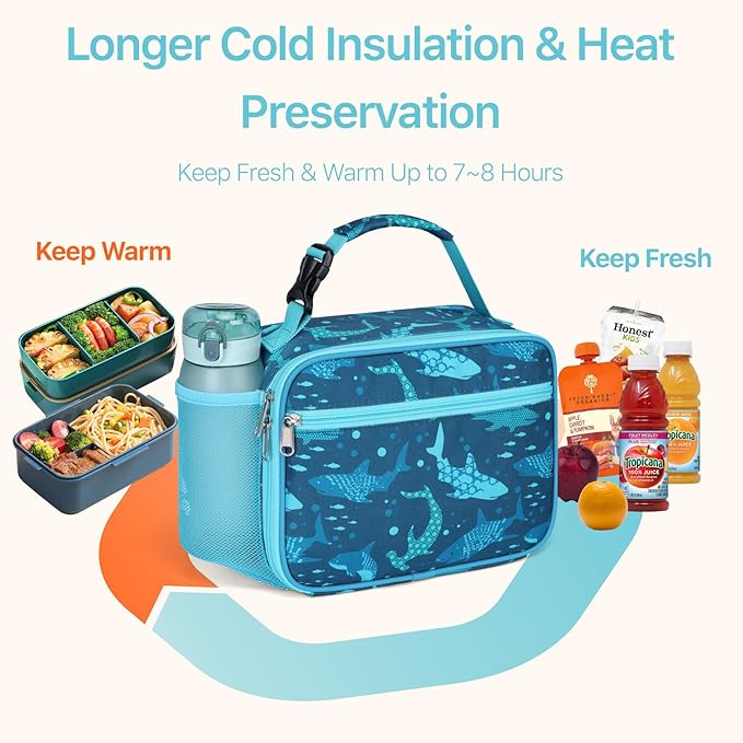 Bagseri Kids Lunch Bag Boys - Thermal Insulated Lunch Box Tote with Water Bottle Holder, Reusable Leak-Proof Kids Lunch Box for Daycare & School, Blue Shark (Containers Not Included)
