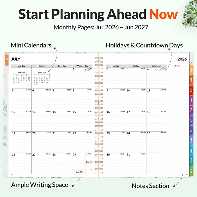 SUNEE Academic Planner 2026-2027 – Weekly & Monthly Planner, July 2026 to June 2027, 8.5"x11", Thick Paper, Tabs, Pockets, Bookmark, Spiral-Bound, Student Teacher Organizer, Greenery