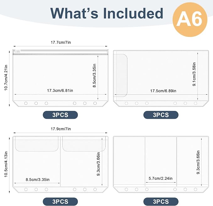 12PCS A6 Binder Pockets, 6 Holes Budget Cash Envelopes