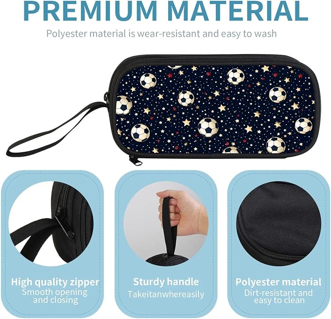 Firmiso Kids Pencil Case, Soccer Star Pattern, Large Capacity Double Zipper Pencil Pouch with Compartments, Durable Polyester Stationery Organizer, Pen Case for Boys Girls Students