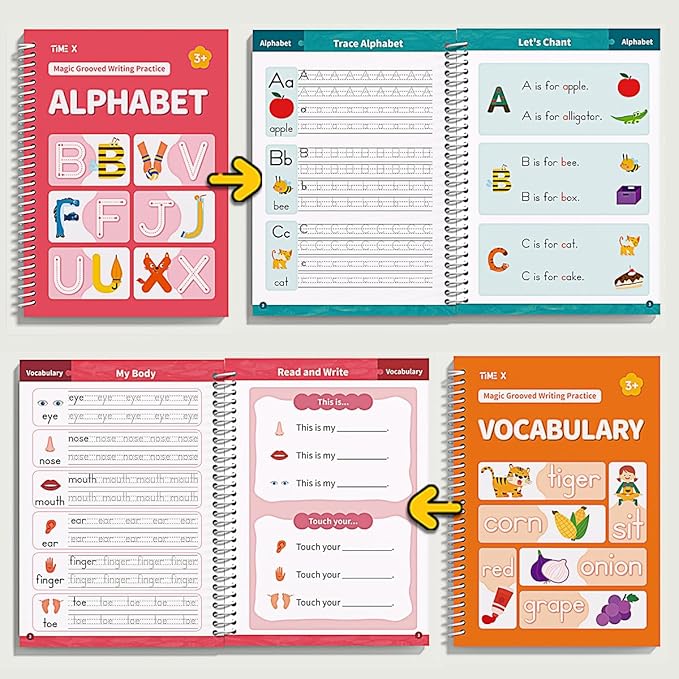 TIME X Magic Grooved Writing Practice Books, Reusable 3D Groove Handwriting Practice Workbooks for Kids Ages 3-8, Large Preschool Writing Books with Disappearing Ink for Kids 5-7 (Practice 6-Books)