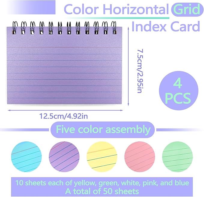 4 Packs 200 Sheets 4.9" x 2.9" 5 Colors Spiral Index Cards with Ring & Covers, Colored Ruled Note Flash Cards, Spiral Bound Paper Flashcards for Studying Office Taking Record (4)