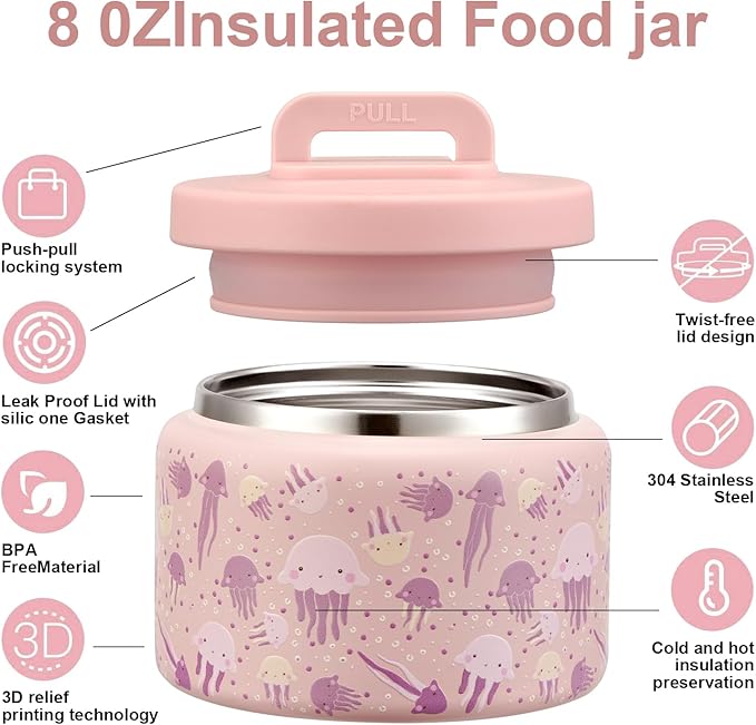 JXXM 8 Oz Thermo Food Jar for Hot & Cold Food for Kids, Insulated Lunch Containers Hot Food Jar,Leak-Proof Vacuum Stainless Steel Wide Mouth Lunch Soup Thermo for School (Pink-Jellyfish)