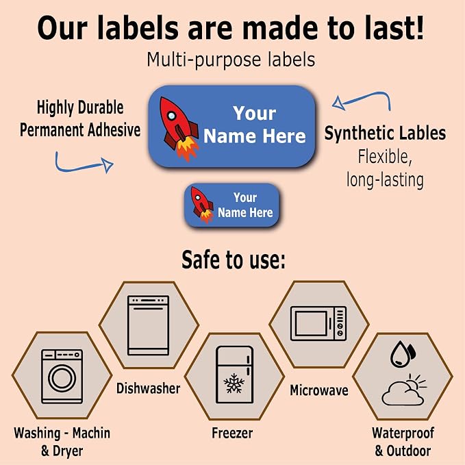 Custom Name Labels – Boys, Girls and Kids Icon Designs. 52 Waterproof Labels for School, Daycare and Camp. Personalized Stickers, Dishwasher and Microwave Safe, Machine Washable.