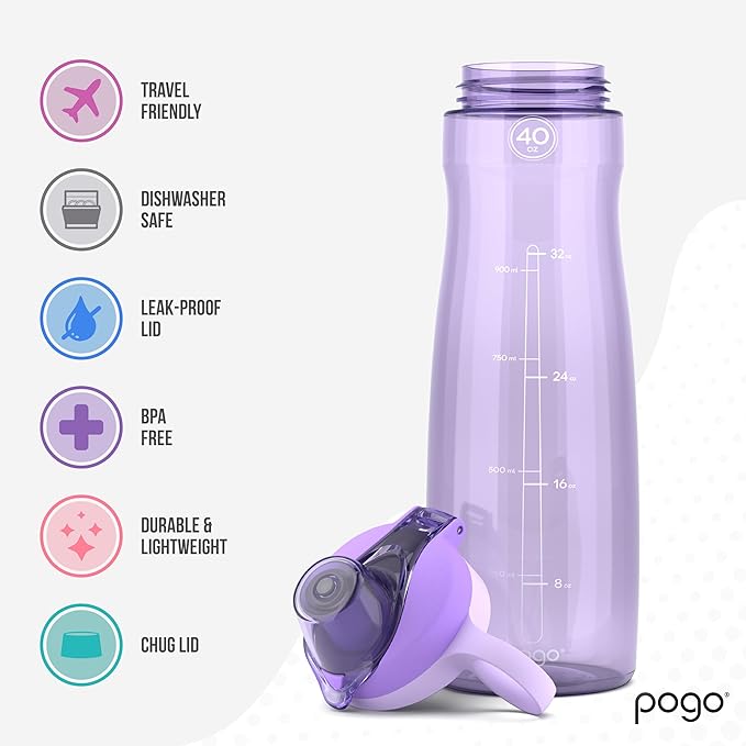 Pogo 40oz Plastic Water Bottle with Chug Lid and Carry Handle, Reusable, BPA Free, Dishwasher Safe, Perfect for Travel, School, Outdoors, and Gym, Lilac