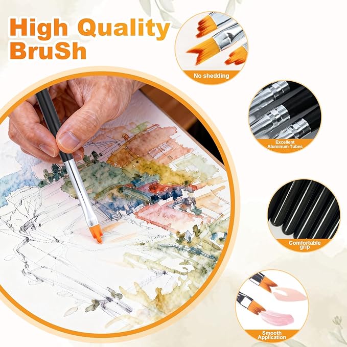 8 Pcs Paint Brush Set-Watercolor Acrylic Oil Paint Brushes with Detail, Professional Paintbrush Kit for Artist, Nail Art, Face Painting Short Handle, Easy-Clean Nylon Brushes