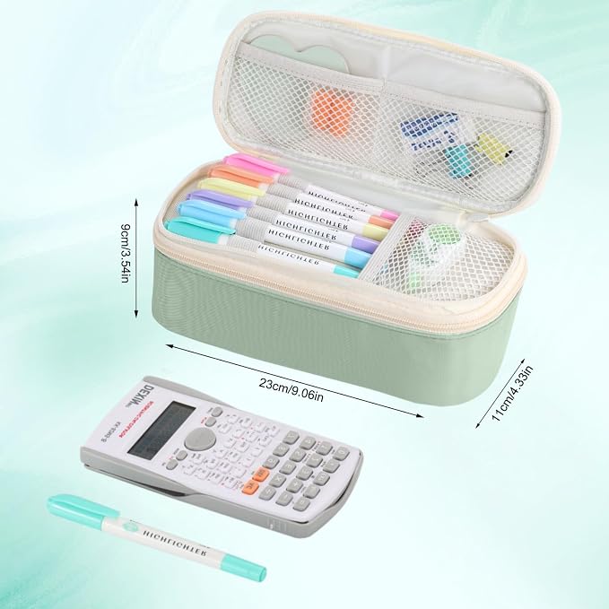 Large Pencil Bag for Girls Teens Kids School Pencil Case Organizer Green | Zipper Pencil Pouch Big Cute Stationery Aesthetic Pencil Box for School Office, Wear-resistant Fabric, Large Capacity Design