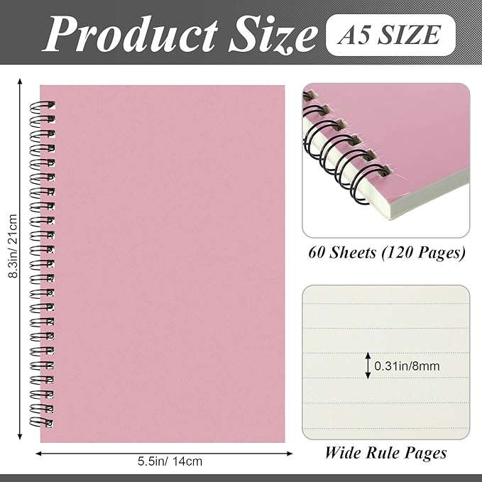 Leelosp 12 Pcs Small Spiral Notebook Lined Spiral Journal College Ruled Notebook Wire Bound Kraft Cover, 120 Pages for Work (Light Pastel,5.5 x 8.3 Inch)