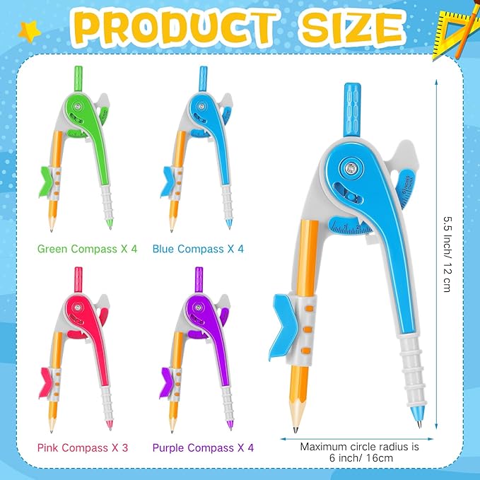 Zonon 15 Pcs Math Geometry Compasses Classroom Set, Bulk Bright Colored Plastic Drawing Compass with Pencils and Safe Tip, Back to School Teacher Supplies for Kids Basic Drafting