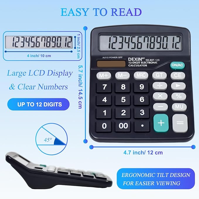 SAYEEC Desk Calculator, 12 Digit Desktop Calculator with Large LCD Display & Sensitive Button, Dual Solar Power & Battery, Standard Office Calculators Basic Function Calculators for Home School, Black