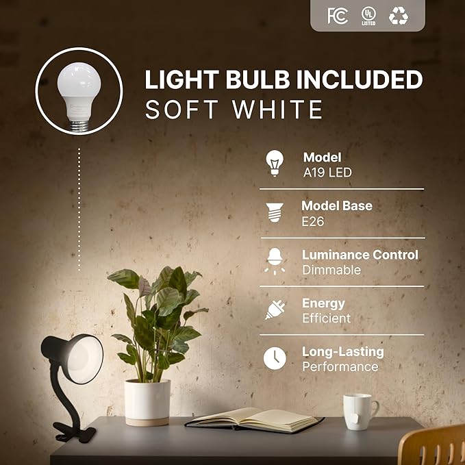 Xtricity LED Clip on Desk Lamp with 360° Flexible Gooseneck, Reading Light for Bed Headboard– A19 Bulb Included, 120V, On/Off Switch, 10.25” Height Table Lamp with White Finish (2 Pack)