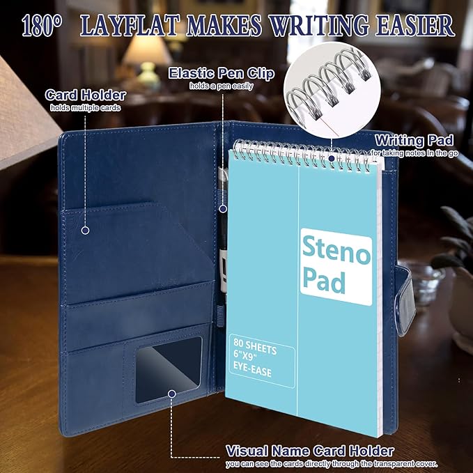 PU Leather Steno Pad Holder 6x9 Steno Pad Cover Business Padfolio Organizer Leather Cover Compatible With 6x9 Steno Notebook Portfolio Pocket Organizer With Pen Loop for Business Office(Dark Blue)